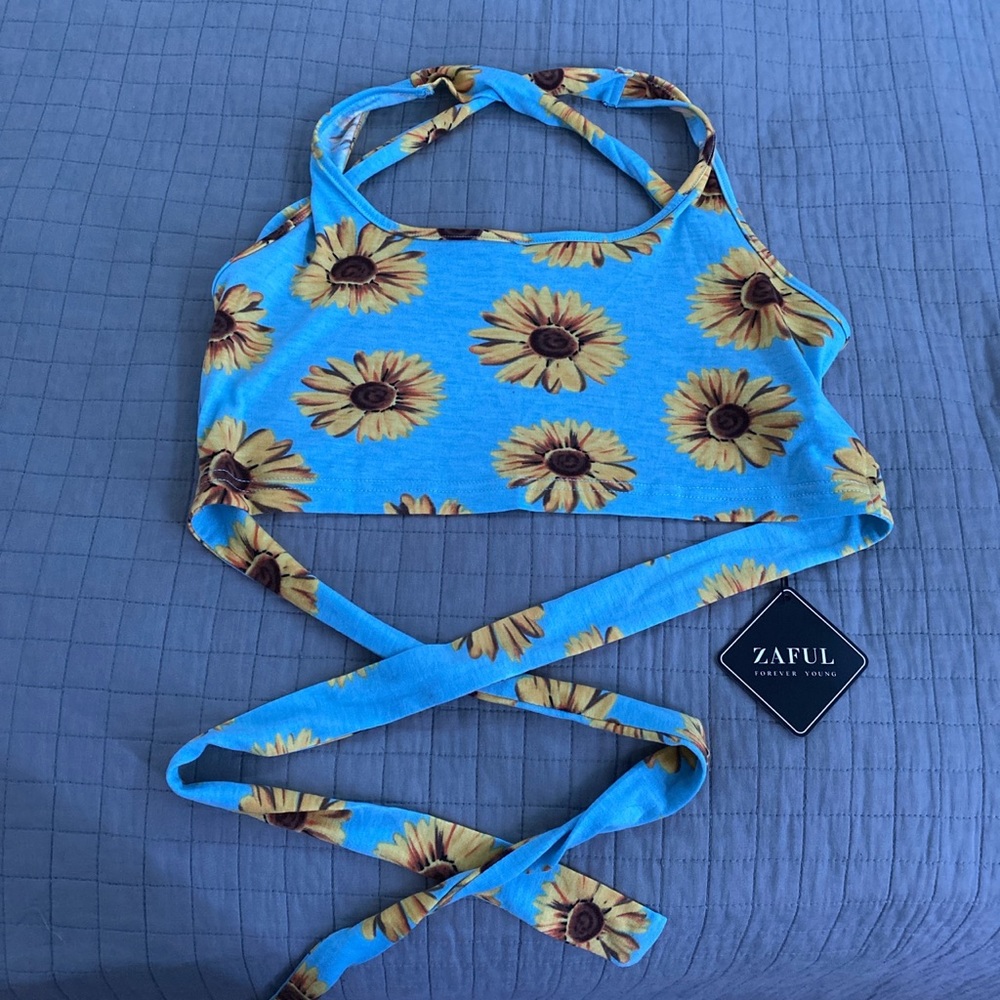 light blue halter crop top with string ties